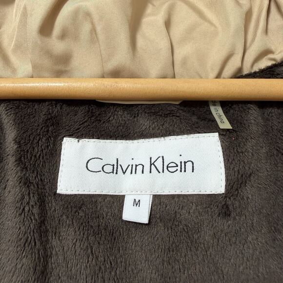 Calvin Klein Womens Fitted Down Puffer Jacket Size M Tan Faux Fur Hood Outdoor - Picture 10 of 12